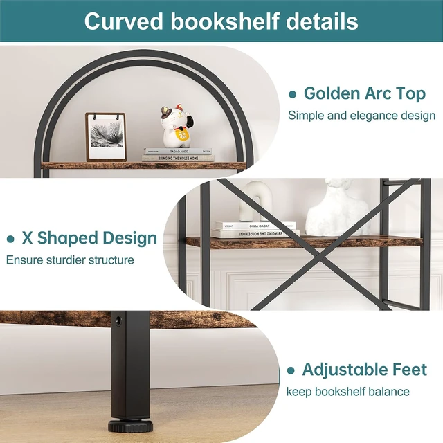 Alt view image 4 of 7 - Arched 5 Tier Bookshelf, Brown Open Storage Bookcase