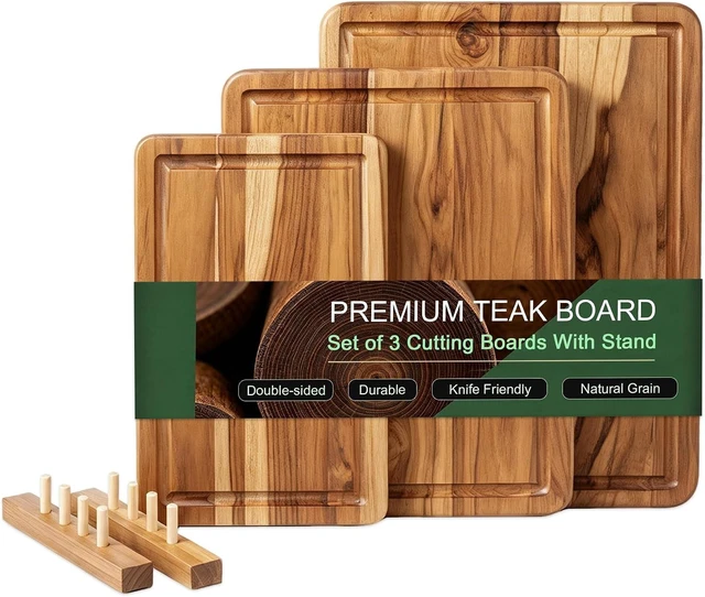 Main image of 3 Pcs Teak Wood Cutting Board Set with Fast Drying Stand for Kitchen