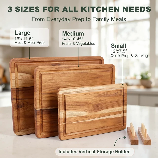 Alt view image 2 of 7 - 3 Pcs Teak Wood Cutting Board Set with Fast Drying Stand for Kitchen