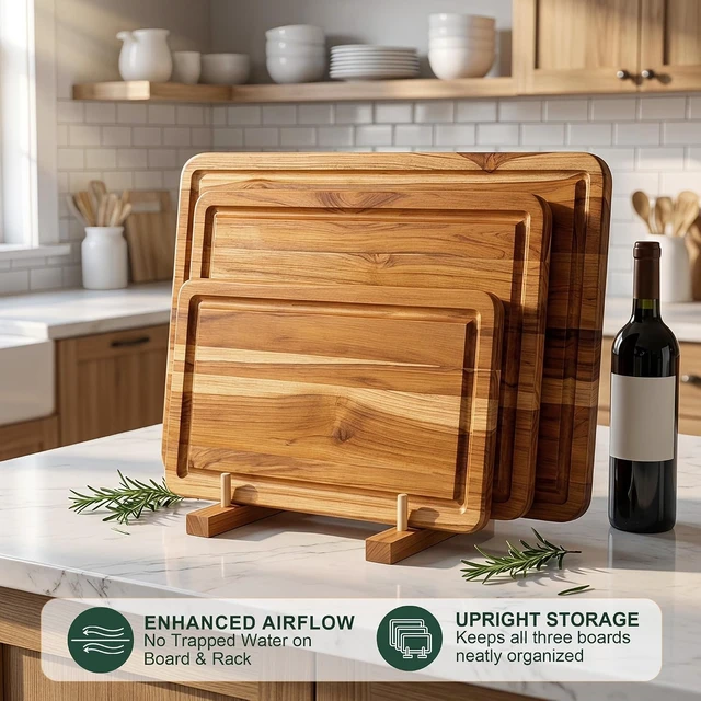Alt view image 3 of 7 - 3 Pcs Teak Wood Cutting Board Set with Fast Drying Stand for Kitchen