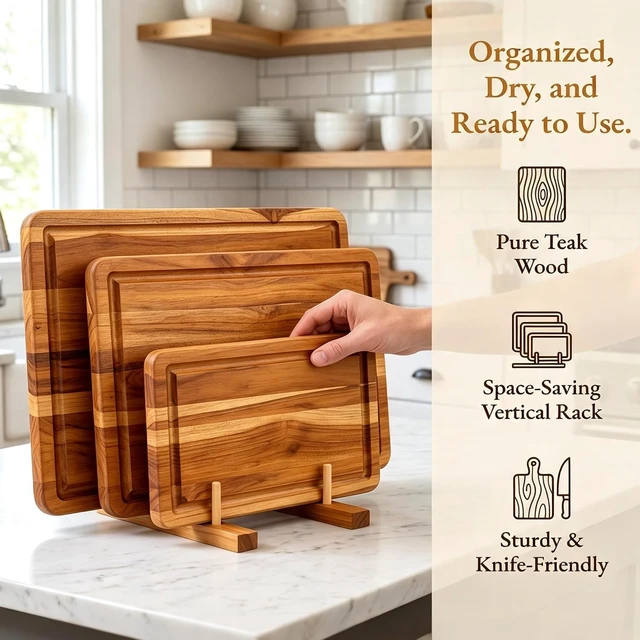 Alt view image 4 of 7 - 3 Pcs Teak Wood Cutting Board Set with Fast Drying Stand for Kitchen