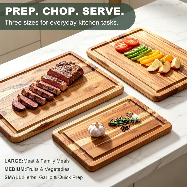 Alt view image 5 of 7 - 3 Pcs Teak Wood Cutting Board Set with Fast Drying Stand for Kitchen