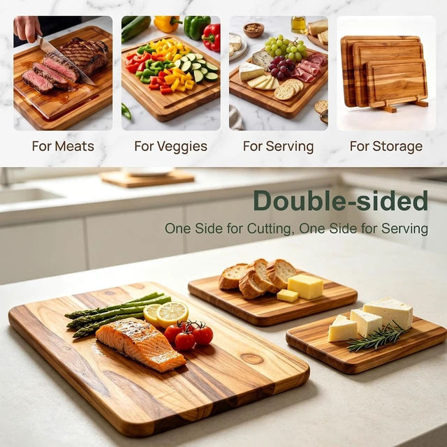 Alt view image 6 of 7 - 3 Pcs Teak Wood Cutting Board Set with Fast Drying Stand for Kitchen
