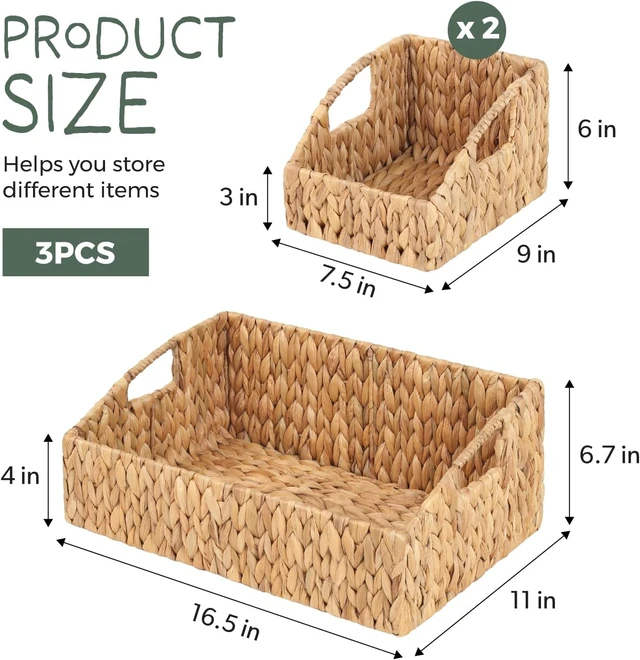 Alt view image 2 of 7 - Set of 3 Handwoven Storage Baskets Decorative Natural Wicker Organizer Bins with Built-in Handles for Bathroom, Kitchen, Pantry, Nursery, Closet, Laundry, Living Room, and Home Use