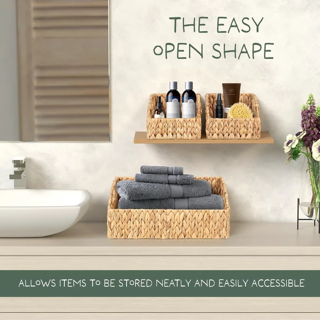 Alt view image 5 of 7 - Set of 3 Handwoven Storage Baskets Decorative Natural Wicker Organizer Bins with Built-in Handles for Bathroom, Kitchen, Pantry, Nursery, Closet, Laundry, Living Room, and Home Use