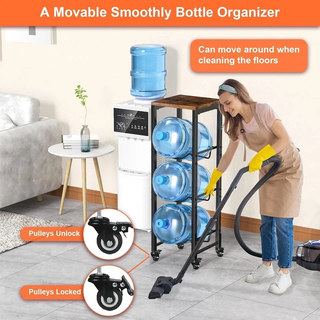 Alt view image 2 of 6 - 5 Gallon Water Bottle Jug Holder 3-Tier Water Bottle Holder Organizer with Lockable Casters Heavy Duty Water Storage Rack Water Dispenser Stand With Wood Top Shelf for Kitchen Office Garage Brown