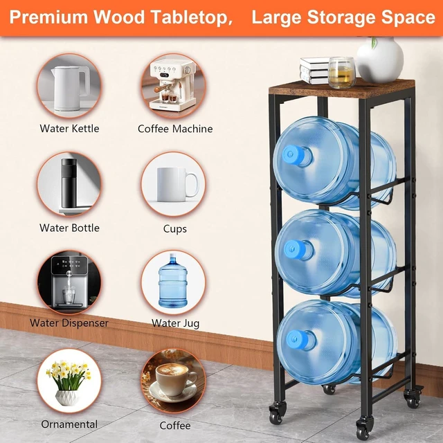 Alt view image 3 of 6 - 5 Gallon Water Bottle Jug Holder 3-Tier Water Bottle Holder Organizer with Lockable Casters Heavy Duty Water Storage Rack Water Dispenser Stand With Wood Top Shelf for Kitchen Office Garage Brown