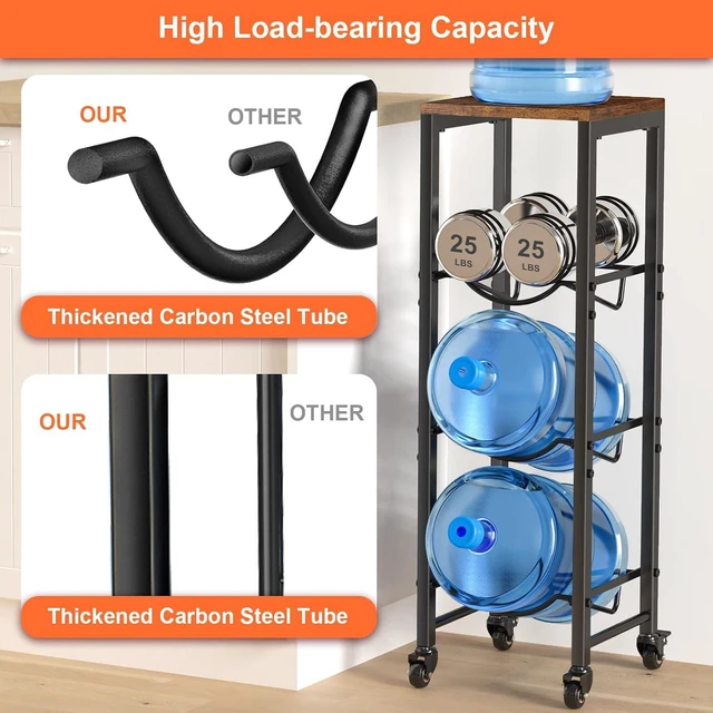 Alt view image 5 of 6 - 5 Gallon Water Bottle Jug Holder 3-Tier Water Bottle Holder Organizer with Lockable Casters Heavy Duty Water Storage Rack Water Dispenser Stand With Wood Top Shelf for Kitchen Office Garage Brown