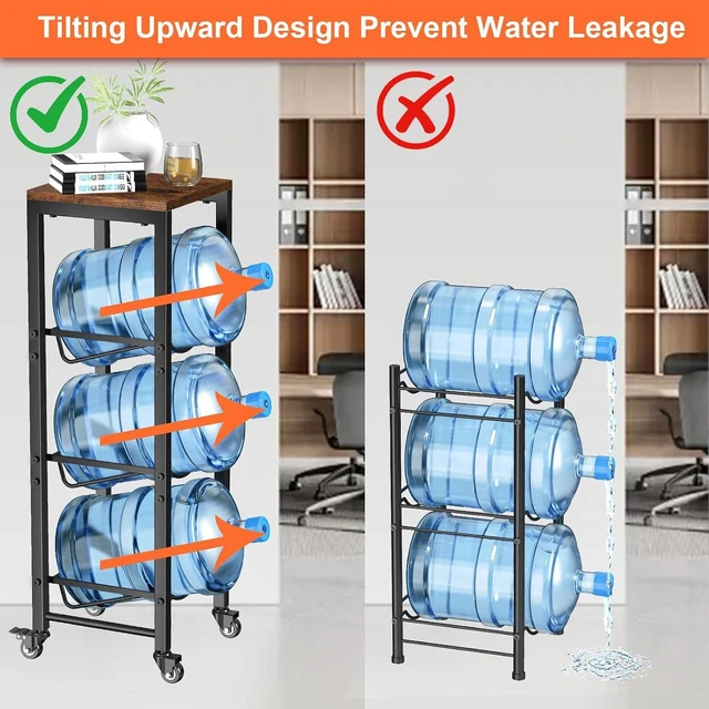 Alt view image 4 of 6 - 5 Gallon Water Bottle Jug Holder 3-Tier Water Bottle Holder Organizer with Lockable Casters Heavy Duty Water Storage Rack Water Dispenser Stand With Wood Top Shelf for Kitchen Office Garage Brown