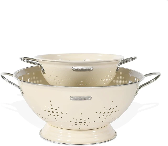 Main image of Metal Colander 2 Pack, Strainer Bowel with Handles 2Qt & 6Qt Powder Coated Solid Ring Base Heavey Duty Kitchen Drainer Basket for Pasta Veggies and Fruits,New Home Apartment Essentials (Almond Cream)