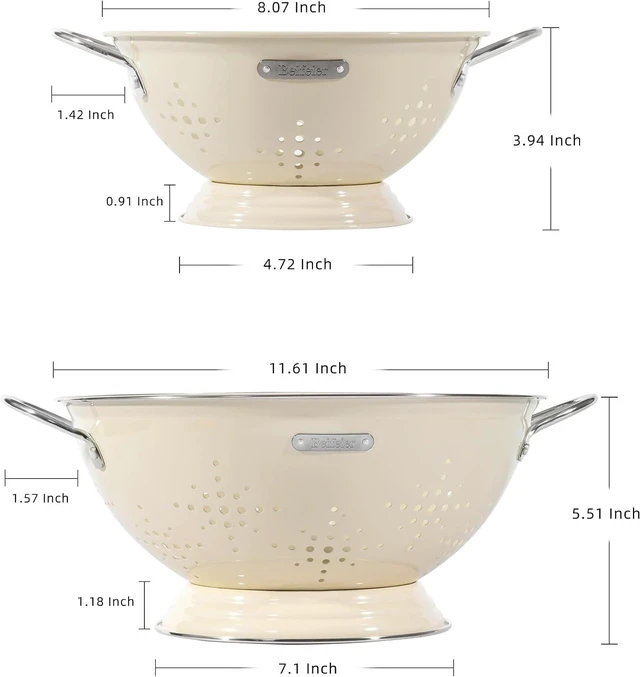 Alt view image 2 of 7 - Metal Colander 2 Pack, Strainer Bowel with Handles 2Qt & 6Qt Powder Coated Solid Ring Base Heavey Duty Kitchen Drainer Basket for Pasta Veggies and Fruits,New Home Apartment Essentials (Almond Cream)