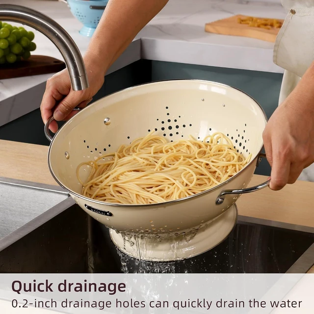 Alt view image 3 of 7 - Metal Colander 2 Pack, Strainer Bowel with Handles 2Qt & 6Qt Powder Coated Solid Ring Base Heavey Duty Kitchen Drainer Basket for Pasta Veggies and Fruits,New Home Apartment Essentials (Almond Cream)