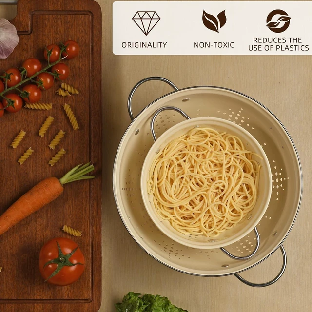 Alt view image 4 of 7 - Metal Colander 2 Pack, Strainer Bowel with Handles 2Qt & 6Qt Powder Coated Solid Ring Base Heavey Duty Kitchen Drainer Basket for Pasta Veggies and Fruits,New Home Apartment Essentials (Almond Cream)