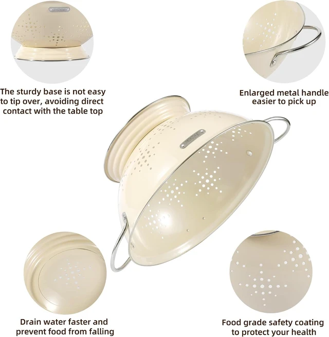Alt view image 5 of 7 - Metal Colander 2 Pack, Strainer Bowel with Handles 2Qt & 6Qt Powder Coated Solid Ring Base Heavey Duty Kitchen Drainer Basket for Pasta Veggies and Fruits,New Home Apartment Essentials (Almond Cream)