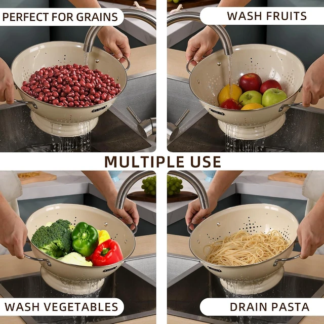 Alt view image 6 of 7 - Metal Colander 2 Pack, Strainer Bowel with Handles 2Qt & 6Qt Powder Coated Solid Ring Base Heavey Duty Kitchen Drainer Basket for Pasta Veggies and Fruits,New Home Apartment Essentials (Almond Cream)