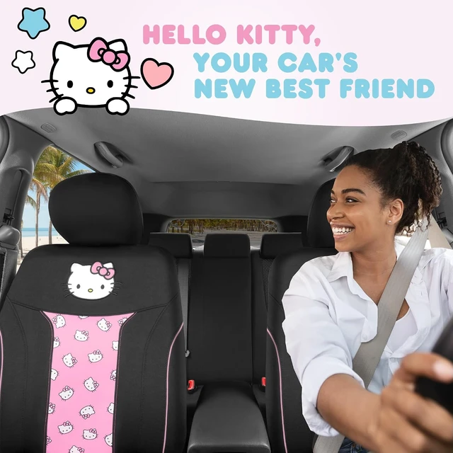 Alt view image 2 of 7 - Hello Kitty Car Seat Covers - Cute and Durable Pink Front Seat Covers, Adorable Hello Kitty Design, Comfortable and Long-Lasting Polyester, Car Accessories Gift 2pc Black/Pink