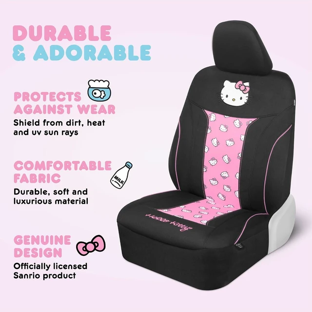 Alt view image 3 of 7 - Hello Kitty Car Seat Covers - Cute and Durable Pink Front Seat Covers, Adorable Hello Kitty Design, Comfortable and Long-Lasting Polyester, Car Accessories Gift 2pc Black/Pink