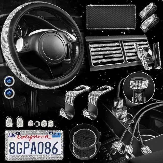 Main image of 30 PCS Bling Diamond Car Accessories Set for Women, Bling Steering Wheel Covers 15 Inch, Shining Rhinestone License Plate Frame, Sparkly Phone Holder, Cute Interior Set Decorations, Silver