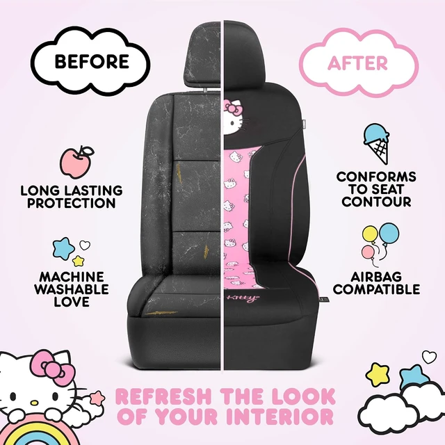 Alt view image 7 of 7 - Hello Kitty Car Seat Covers - Cute and Durable Pink Front Seat Covers, Adorable Hello Kitty Design, Comfortable and Long-Lasting Polyester, Car Accessories Gift 2pc Black/Pink