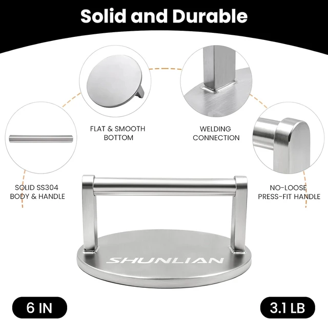 Alt view image 4 of 6 - 3.1lb Smash Burger Press 6" Stainless Steel Burger Smasher Tool