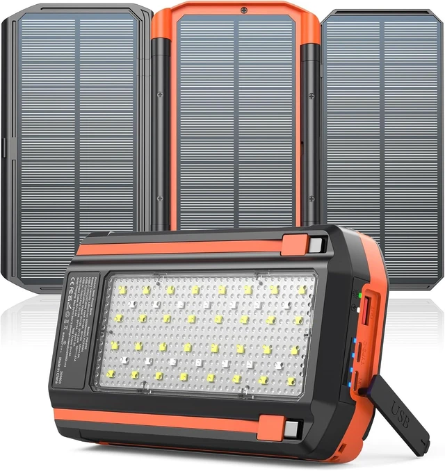 Main image of Solar Power Bank with 3 Panels Portable Charger Built-in 2 Cables
