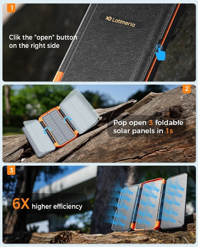 Alt view image 2 of 7 - Solar Power Bank with 3 Panels Portable Charger Built-in 2 Cables