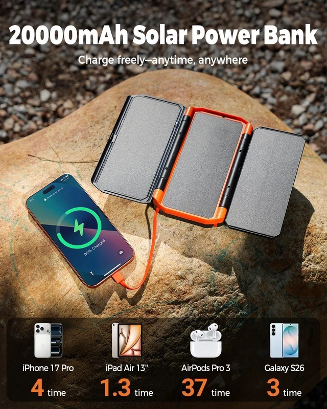 Alt view image 5 of 7 - Solar Power Bank with 3 Panels Portable Charger Built-in 2 Cables