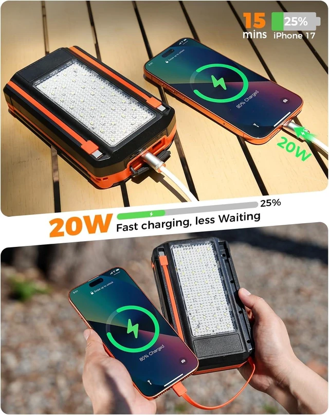 Alt view image 6 of 7 - Solar Power Bank with 3 Panels Portable Charger Built-in 2 Cables