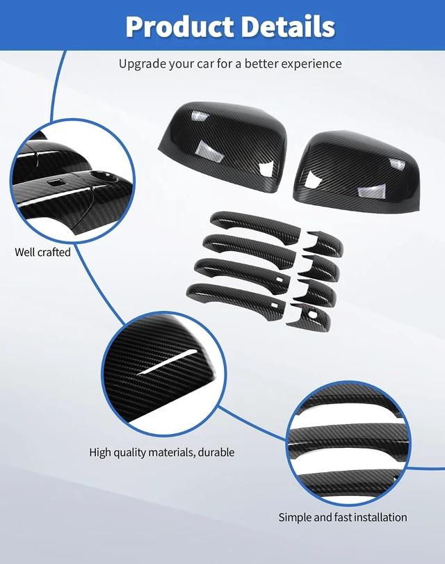 Alt view image 5 of 7 - Carbon Fiber Exterior Side View Mirror Covers Caps & Door Handle Covers Trim Fit for 2010-2020 Jeep Grand Cherokee/D-odge Durango 2011-2020
