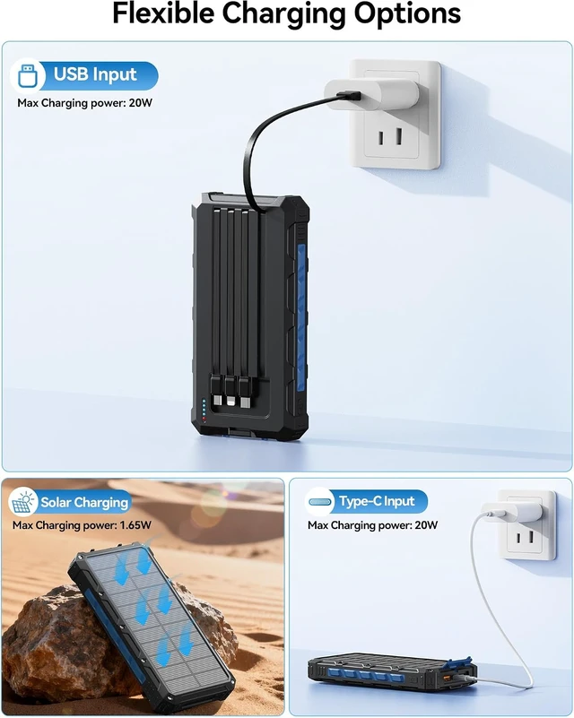 Alt view image 5 of 7 - Solar Charger Portable Power Bank 20000mah External Battery Pack for iphone