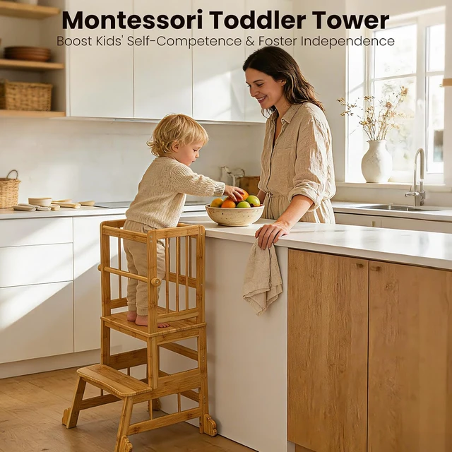 Alt view image 5 of 7 - Toddler Standing Tower, Kids Kitchen Step Stool with Safety Rails