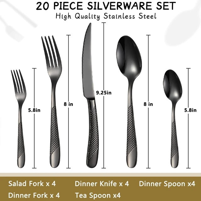 Alt view image 2 of 6 - Black Silverware Set 20-Piece Stainless Steel Flatware Set for 4 Including Fork Spoon and Knife Kitchen Cutlery Utensils Set for Home Restaurant Hotel