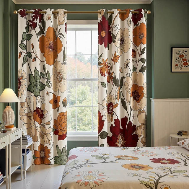 Alt view image 3 of 7 - Beige Boho Floral Blackout Curtains 84 Inch Grommet 2 Panels