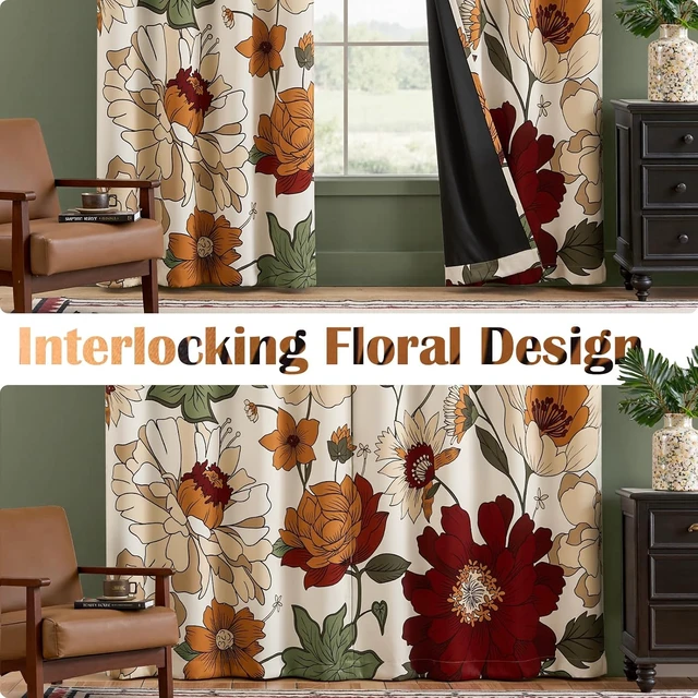 Alt view image 5 of 7 - Beige Boho Floral Blackout Curtains 84 Inch Grommet 2 Panels