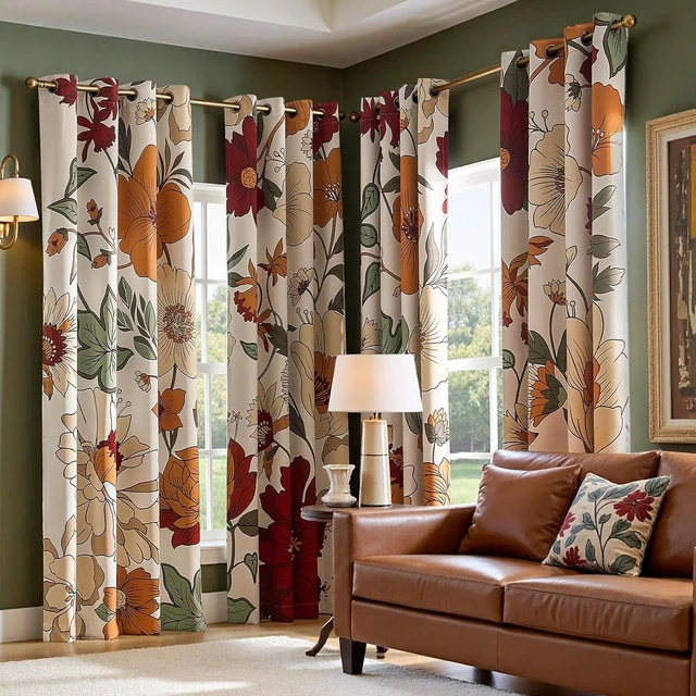 Alt view image 6 of 7 - Beige Boho Floral Blackout Curtains 84 Inch Grommet 2 Panels