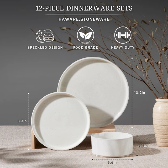 Alt view image 2 of 7 - Dinnerware Sets, Plates and Bowls Set for 4, Speckled Ivory White
