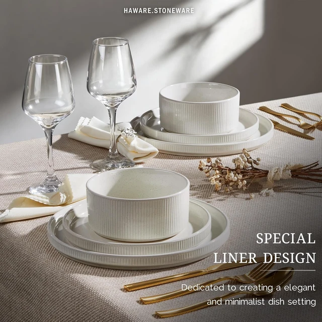 Alt view image 4 of 7 - Dinnerware Sets, Plates and Bowls Set for 4, Speckled Ivory White
