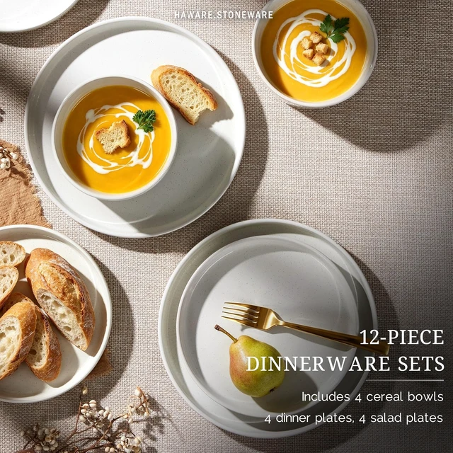 Alt view image 3 of 7 - Dinnerware Sets, Plates and Bowls Set for 4, Speckled Ivory White