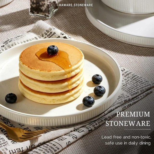 Alt view image 6 of 7 - Dinnerware Sets, Plates and Bowls Set for 4, Speckled Ivory White