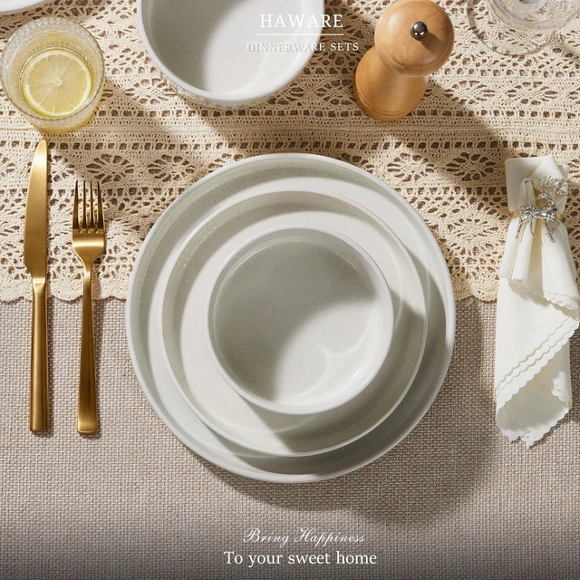 Alt view image 7 of 7 - Dinnerware Sets, Plates and Bowls Set for 4, Speckled Ivory White
