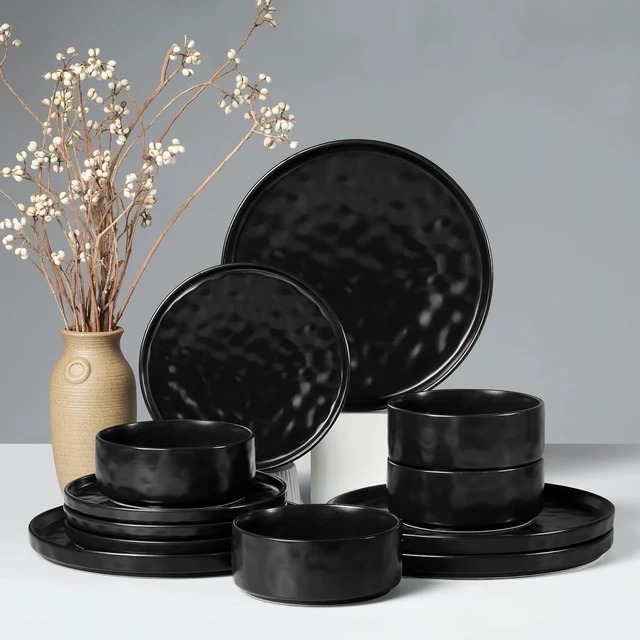 Main image of Dinnerware Sets, 12-Piece Plates and Bowls Set, Matte Black