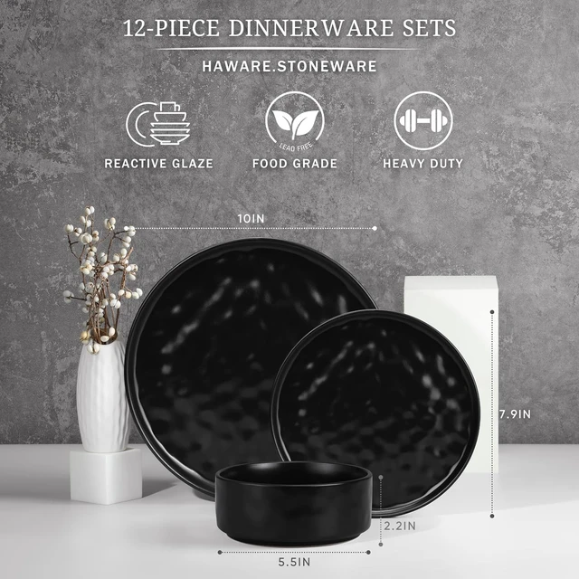 Alt view image 2 of 7 - Dinnerware Sets, 12-Piece Plates and Bowls Set, Matte Black