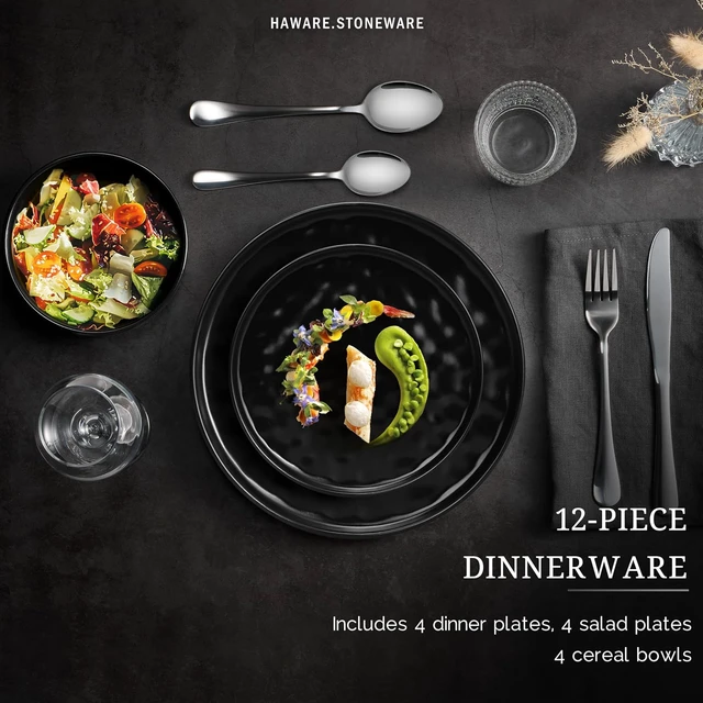 Alt view image 3 of 7 - Dinnerware Sets, 12-Piece Plates and Bowls Set, Matte Black