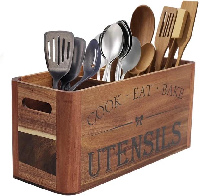 Main image of Utensil Holder for Kitchen Countertop - Extra Large 4 Compartment Wooden Organizer in Acacia Wood, Storage for Cooking Tools and Cutlery, Farmhouse Style for Home Cooking