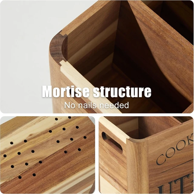 Alt view image 2 of 7 - Utensil Holder for Kitchen Countertop - Extra Large 4 Compartment Wooden Organizer in Acacia Wood, Storage for Cooking Tools and Cutlery, Farmhouse Style for Home Cooking