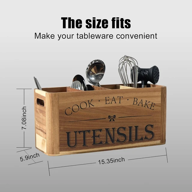 Alt view image 4 of 7 - Utensil Holder for Kitchen Countertop - Extra Large 4 Compartment Wooden Organizer in Acacia Wood, Storage for Cooking Tools and Cutlery, Farmhouse Style for Home Cooking