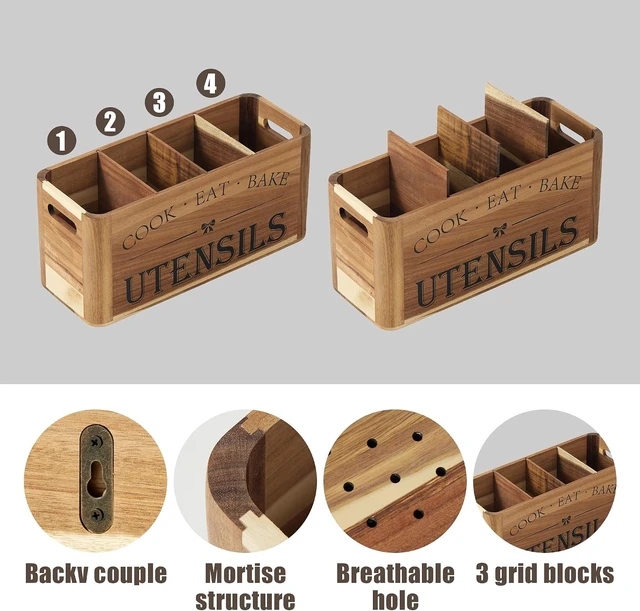Alt view image 3 of 7 - Utensil Holder for Kitchen Countertop - Extra Large 4 Compartment Wooden Organizer in Acacia Wood, Storage for Cooking Tools and Cutlery, Farmhouse Style for Home Cooking
