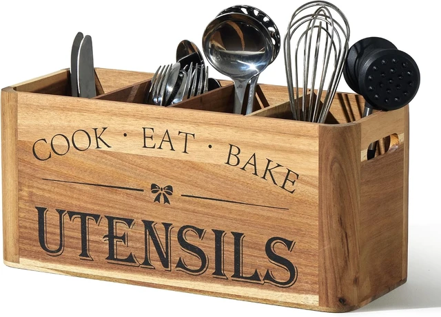 Alt view image 5 of 7 - Utensil Holder for Kitchen Countertop - Extra Large 4 Compartment Wooden Organizer in Acacia Wood, Storage for Cooking Tools and Cutlery, Farmhouse Style for Home Cooking