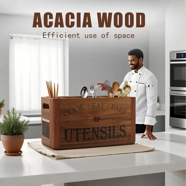 Alt view image 6 of 7 - Utensil Holder for Kitchen Countertop - Extra Large 4 Compartment Wooden Organizer in Acacia Wood, Storage for Cooking Tools and Cutlery, Farmhouse Style for Home Cooking