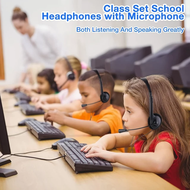 Alt view image 4 of 6 - 30 Pack Classroom Headphones with Mic, Black, Plastic Stem